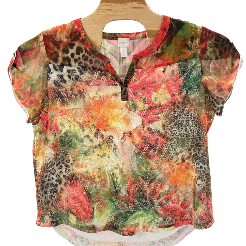 Chico's Floral Animal Print Sheer Blouse Roll Tab Sleeve Top Size 2 L Boho Chic